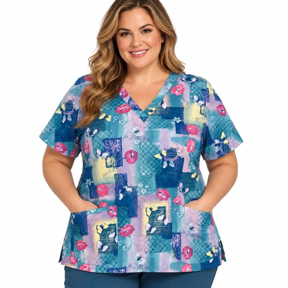 Landau Tunic Blouse Womens 2XL Butterfly V Neck Short Sleeve Scrub Top
